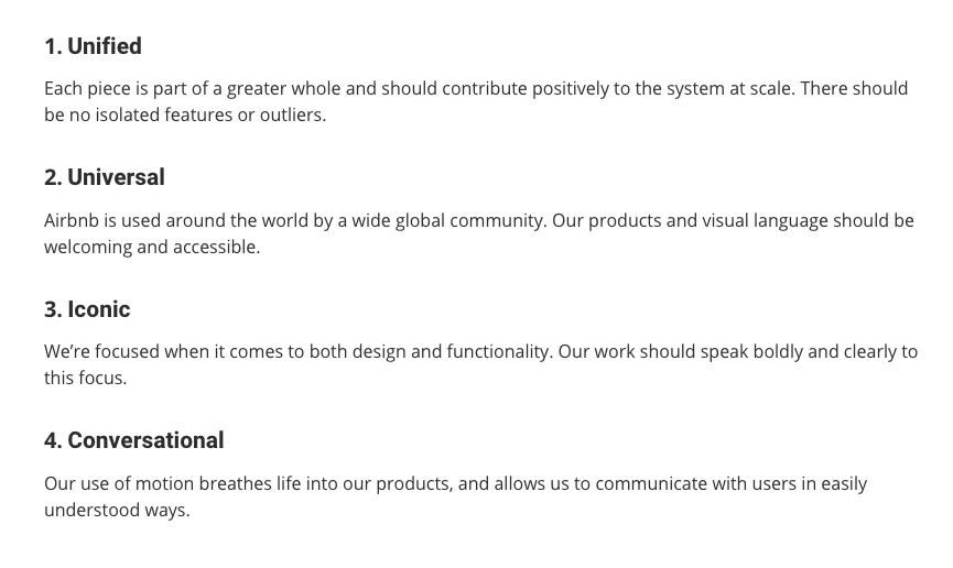 AirBNB Design Principles: Unified - Universal - Iconic - Conversational